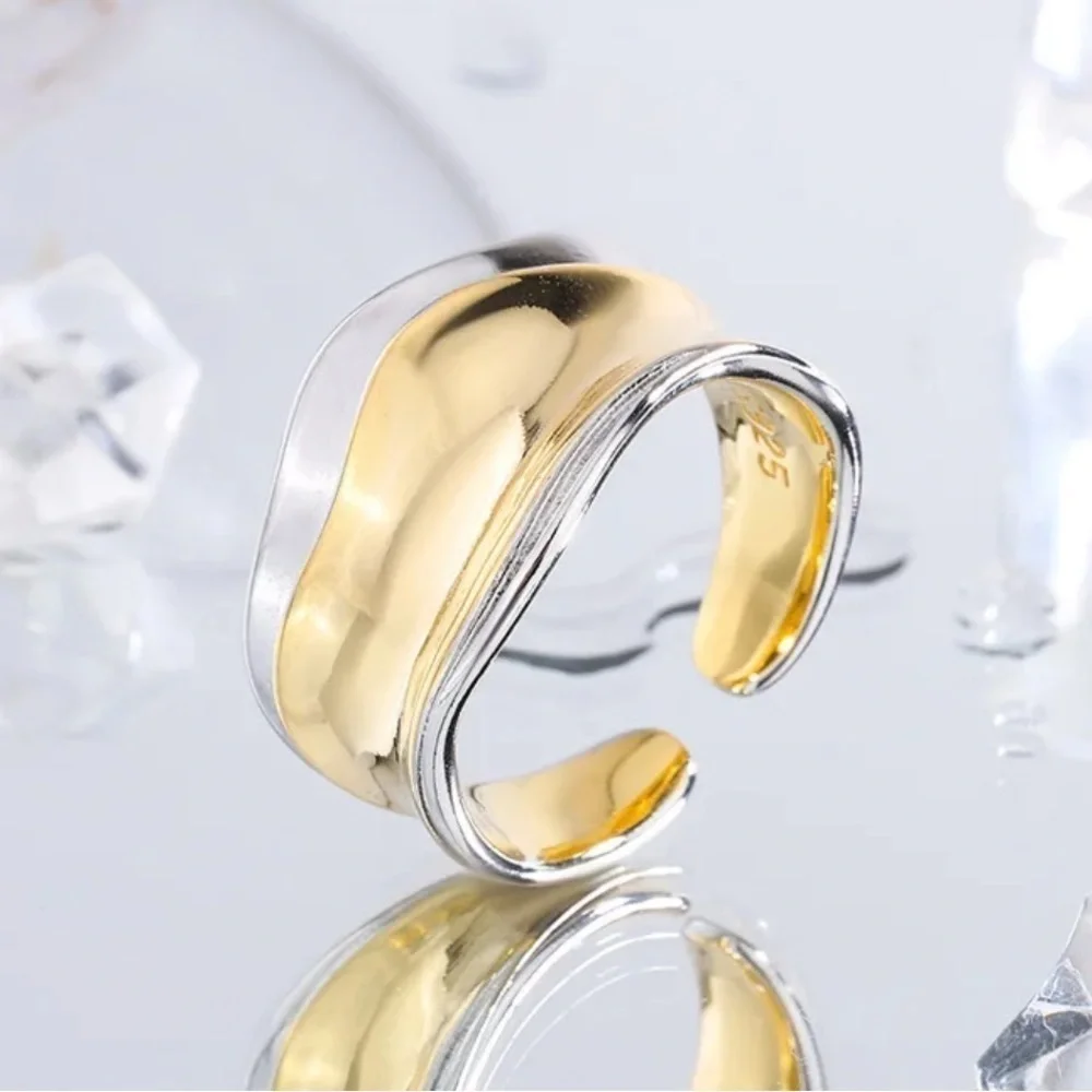 New Gold & 925 Sterling Silver Unique Wide Band Ring